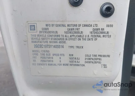 2000 Chevrolet Silverado 1500 Ls from USA, damaged, VIN 2GCEC19T5Y1405514